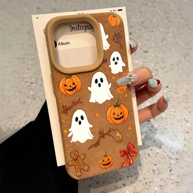 Phone Cases Leather - Halloween Cute Pumpkin Ghost Phone Case
